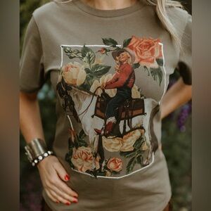 Rodeo Quincy Cowgirl Graphic Tee in Olive with Floral Horse Print, NWT